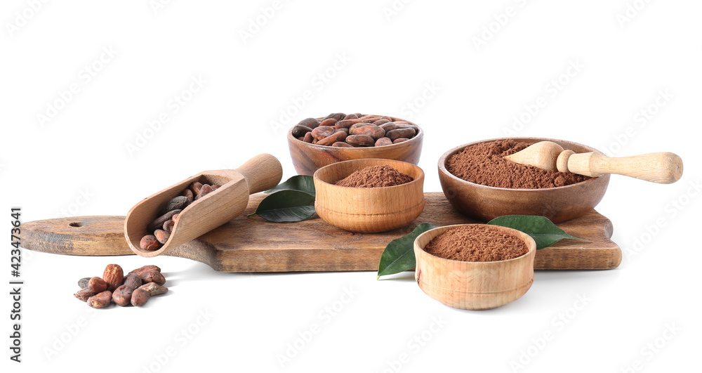 Cacao powder and beans on white background