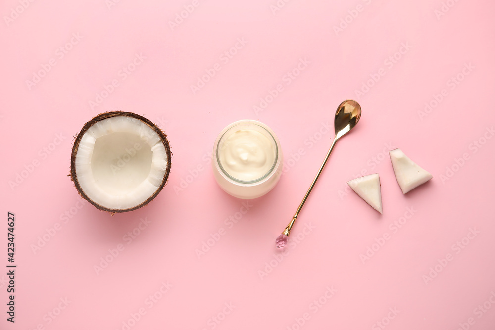 Composition with tasty coconut yogurt on color background