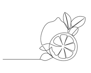 Lemon with Leaves Continuous One Line Drawing. Black Line Fruit Sketch on White Background. Citrus Contour Outline Illustration. Vector EPS 10.