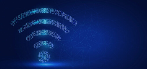 Wireframe geometric polygonal design. High-speed big data transfer broadband. Wi-Fi signal icon on the left with copy space on the right. Low poly internet wire frame digital vector illustration.