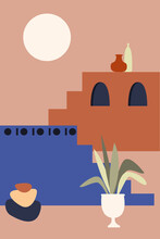 Old City Landscape With Stairs And Vases In Boho Style. Minimalist Summer Design For Travel Advertisements, Summer Party Invitations, Gift Shop Labels, Etc.