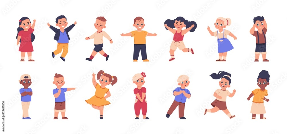 Cartoon children. Cute multicultural boys and girls with happy emotions ...