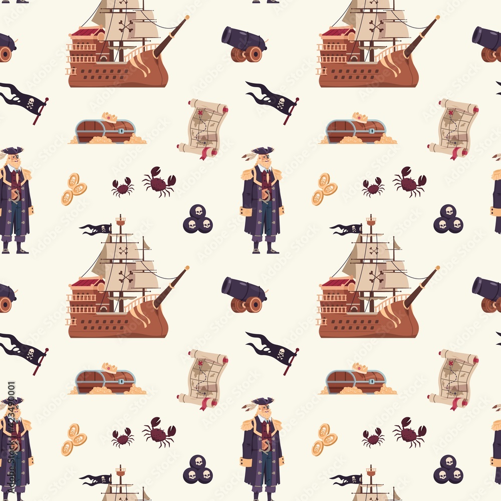 Pirate pattern. Cartoon seamless texture with captain and wooden ship ...