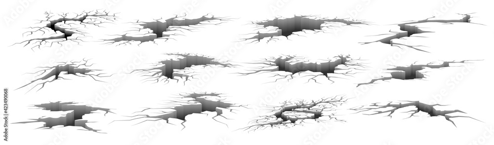 Earth cracks. Realistic earthquake ground damage. 3D holes and fissures in concrete, destructed fractured wall. Broken surface templates set. Deep splits and crevices, vector ruins - obrazy, fototapety, plakaty 