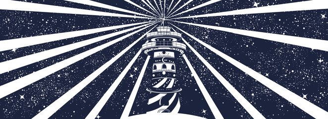 Wall Mural - Lighthouse in universe. Black and white surreal graphic. Symbol of space navigation, imagination, new horizons, exploration of outer space