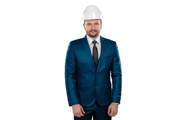 Wall Mural - A man in a business suit, an architect with a white helmet on his head, isolated on a white background. Architecture, construction concept.