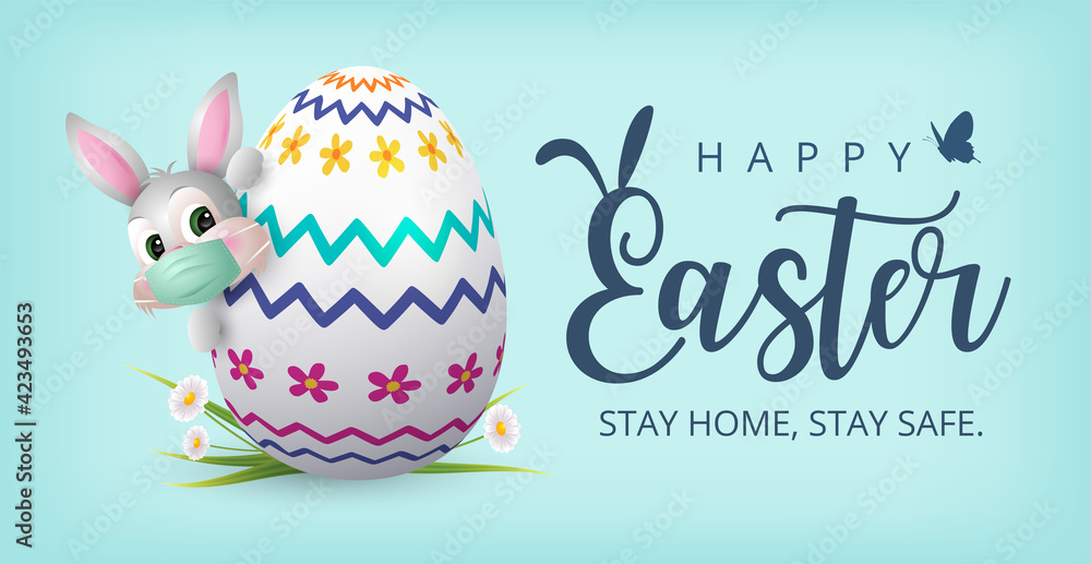 Happy Easter Banner with Bunny wearing face mask and Colourful Painted Egg. Vector - obrazy, fototapety, plakaty 