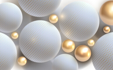 Abstract background with 3d spheres. Golden and white bubbles. Vector illustration of balls textured with halftone pattern. Jewelry cover concept.