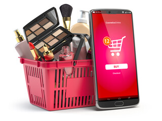 Cosmetics and beauty products buying online concept. Shopping basket with makeup products and mobile phone with app for buying on the screen.