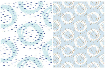  Simple Irregular Geometric Seamless Vector Patterns. Hand Drawn Circles and Spots Isolated on a White and Light Blue Background. Cute Dotted Layout ideal for Fabric, Textile. Abstract Doodle Print.
