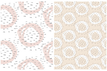  Simple Irregular Geometric Seamless Vector Patterns. Hand Drawn Circles and Spots Isolated on a White and Light Brown Background. Cute Dotted Layout ideal for Fabric, Textile. Abstract Doodle Print.