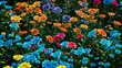 © RocknRoller Studios - Multicolored Flower Background. Floral Wallpaper with Orange, Violet and Turquoise Roses. 3D Render