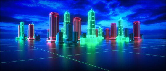 Wall Mural - a neon city in the digital world (3d rendering)