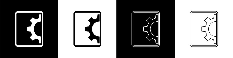 Set Software, web development, programming concept icon isolated on black and white background. Programming language and program code on screen tablet. Vector