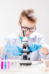Wall Mural - a schoolboy with a microscope examines chemicals in test tubes, conducts experiments - a portrait on