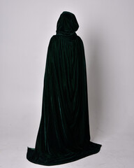 Poster - full length portrait of red haired girl wearing celtic, green medieval gown with fantasy velvet cloak. Standing pose isolated against a studio background.