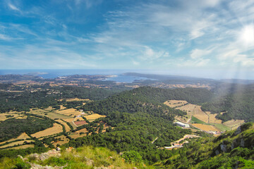 Beautiful views of the island of Menorca and its coastline on a sunny day, from the popular Monte Toro.