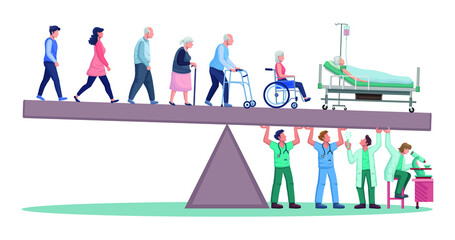 doctors and scientists hold lifting burden of sick elderly patient with chronic disease vector illus