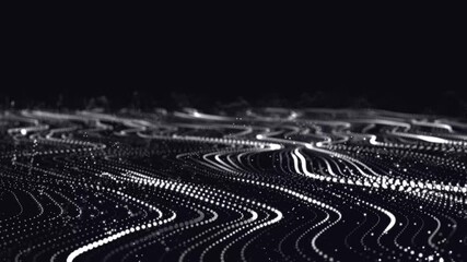 Abstract flow of luminous particles on dark background. Movement of colored dots. Big data visualization. 3D rendering. Seamless loop. 4k