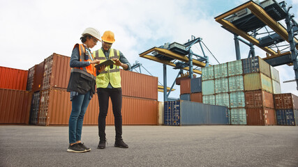 Multiethnic Female Industrial Engineer with Tablet and Black African American Male Supervisor in Hard Hats and Safety Vests Stand in Container Terminal. Colleagues Talk About Logistics Operations.