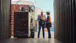 © Gorodenkoff - Forklift Driver Loading Shipping Cargo Container with Full Pallet with Boxes in Logistics Port Terminal. Latin Female Industrial Supervisor and Safety Inspector with Tablet Talking, Managing Process.
