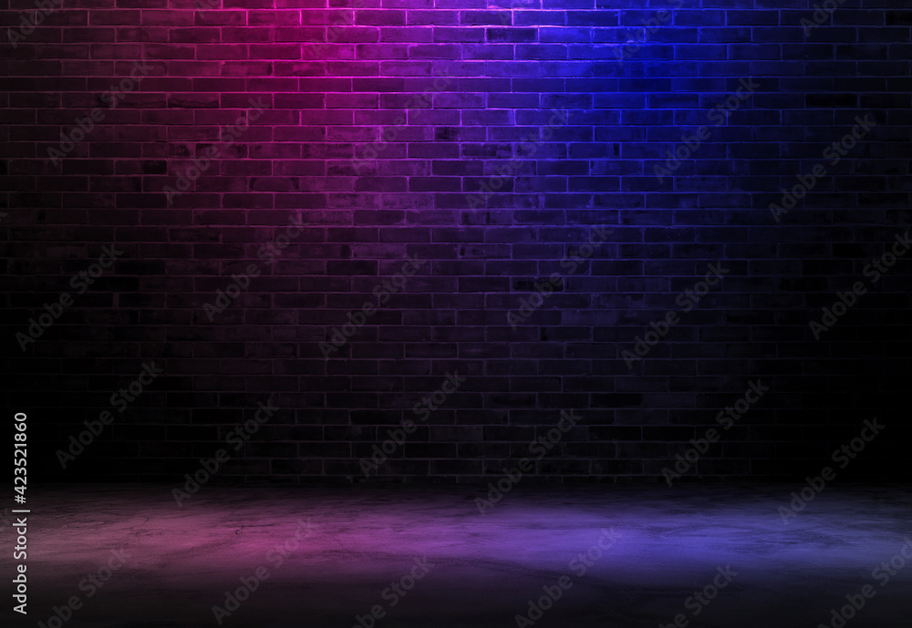 Black brick wall background rough concrete with neon lights and glowing lights. Lighting effect pink and blue on empty brick wall background - obrazy, fototapety, plakaty 