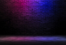 Black Brick Wall Background Rough Concrete With Neon Lights And Glowing Lights. Lighting Effect Pink And Blue On Empty Brick Wall Background