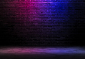 Black brick wall background rough concrete with neon lights and glowing lights. Lighting effect pink and blue on empty brick wall background