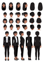 Wall Mural - African American business woman cartoon character in black smart suit and different hairstyle for animation design vector collection