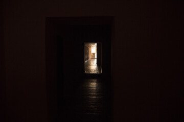 Dark corridor. Mystical interior of dark empty corridor, tunnel in an abandoned house. Dark mysterious corridor. The interior of an abandoned house, road to hell.