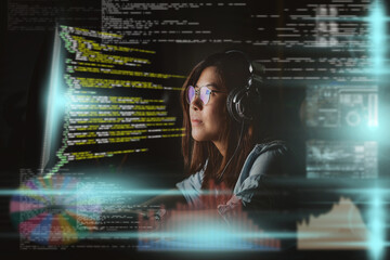 asian businesswoman working hard with front of computer desktop with programming source code and mot
