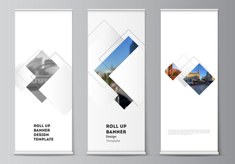 Wall Mural - Vector layout of roll up mockup design templates with geometric simple shapes, lines and photo place for vertical flyers, flags design templates, banner stands, advertising design mockups.