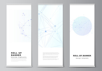 Wall Mural - Vector layout of roll up mockup templates for vertical flyers, flags design templates, banner stands, advertising design mockups. Blue medical background with connecting lines and dots, plexus.