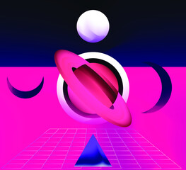 Wall Mural - abstract surrealistic background with space bodies and planets in geometric composition.