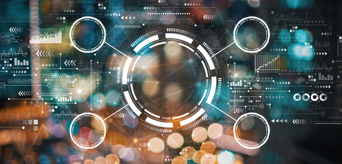 Tech circle with blurred city lights