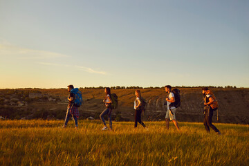 Wall Mural - group of young tourists hikers hiking in row with backpacks in summer field during vacations