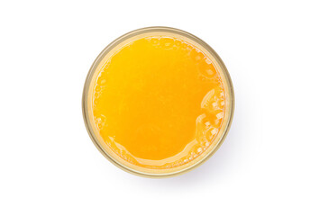 Wall Mural - Flat lay of  100% Tangerine orange juice with pulp isolated on white background. Cliping path