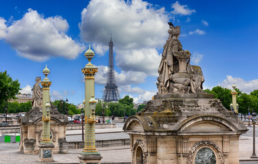 Place de la Concorde with Paris Eiffel Tower in background, Paris, France. Eiffel Tower is one of the most iconic landmarks of Paris. Cityscape of Paris