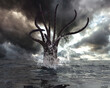 3d illustration of a Giant Squid Kraken Monster rising out of the Sea