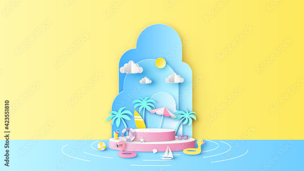 Circle stage podium for Summer decorated with beach equipment and blank space. Summer sea mockup template. paper cut and craft style. vector, illustration. - obrazy, fototapety, plakaty 