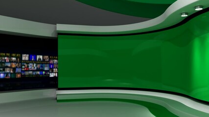 Sticker - TV studio. Green studio. Green background. News studio. The perfect backdrop for any green screen or chroma key video or photo production. 3d render. 3d