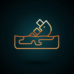 Poster - Gold line Wrecked oil tanker ship icon isolated on dark blue background. Oil spill accident. Crash tanker. Pollution Environment concept. Vector