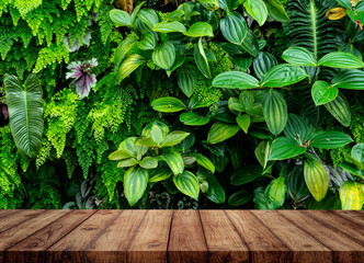 blank of wood top table at garden