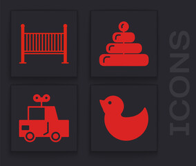 Wall Mural - Set Rubber duck, Baby crib cradle bed, Pyramid toy and Toy car icon. Vector