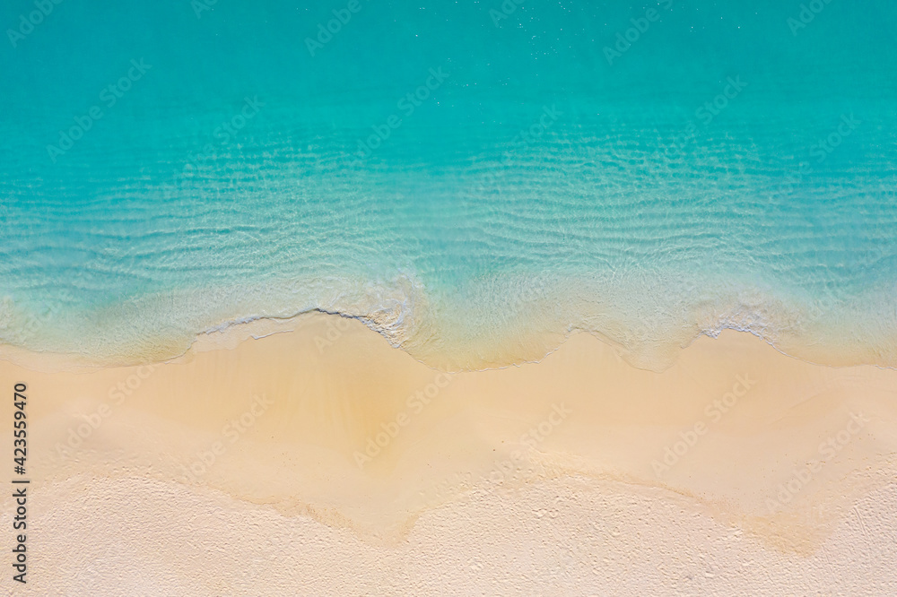 Top view aerial photo from drone of stunning beautiful sea landscape beach with turquoise water with copy space for your text. Beautiful sand beach with turquoise water. Relax nature, amazing beach - obrazy, fototapety, plakaty 