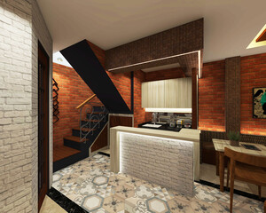 Bar table design for interior Restaurant and Cafe in Retro Style. Using natural brick wall and wooden cabinet material. 