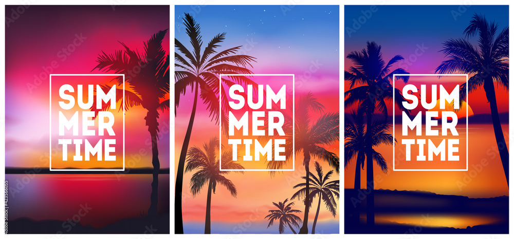 Summer tropical backgrounds set with palms, sky and sunset. Summer placard poster flyer invitation card. Summertime. Vector illustration - obrazy, fototapety, plakaty 