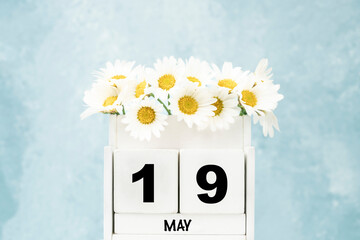 cube calendar for May with daisy flowers over blue with copy space