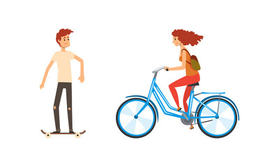 Sticker - Cheerful Man and Woman Cycling and Skateboarding Along the Street Vector Set