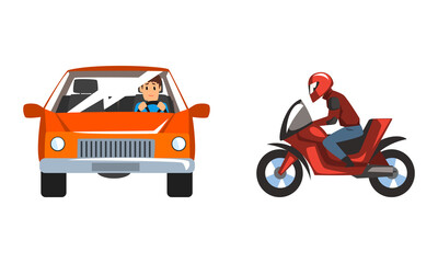 Sticker - Man Driving Car and Riding Bike Speeding Along the Road Vector Set